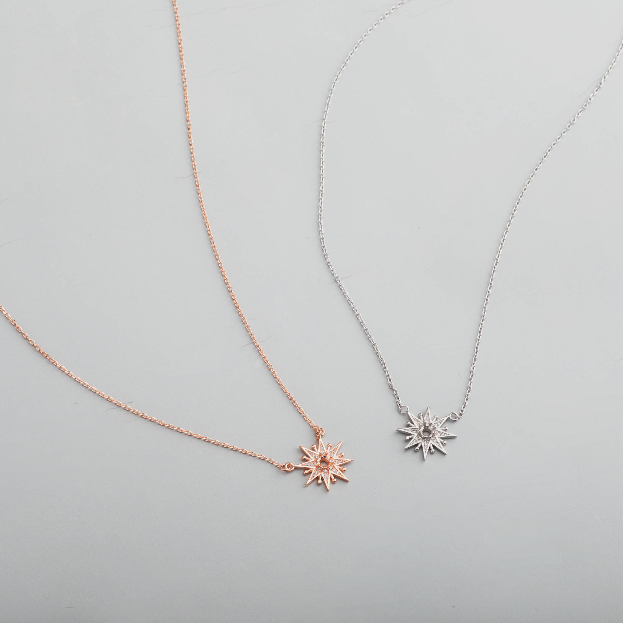 1Pcs 4MM Solid 925 Sterling Silver Rose Gold Round Gemstone Prong Bezel Settings DIY Snow Flake Pendant Necklace 16''+2'' 1411236 - Click Image to Close